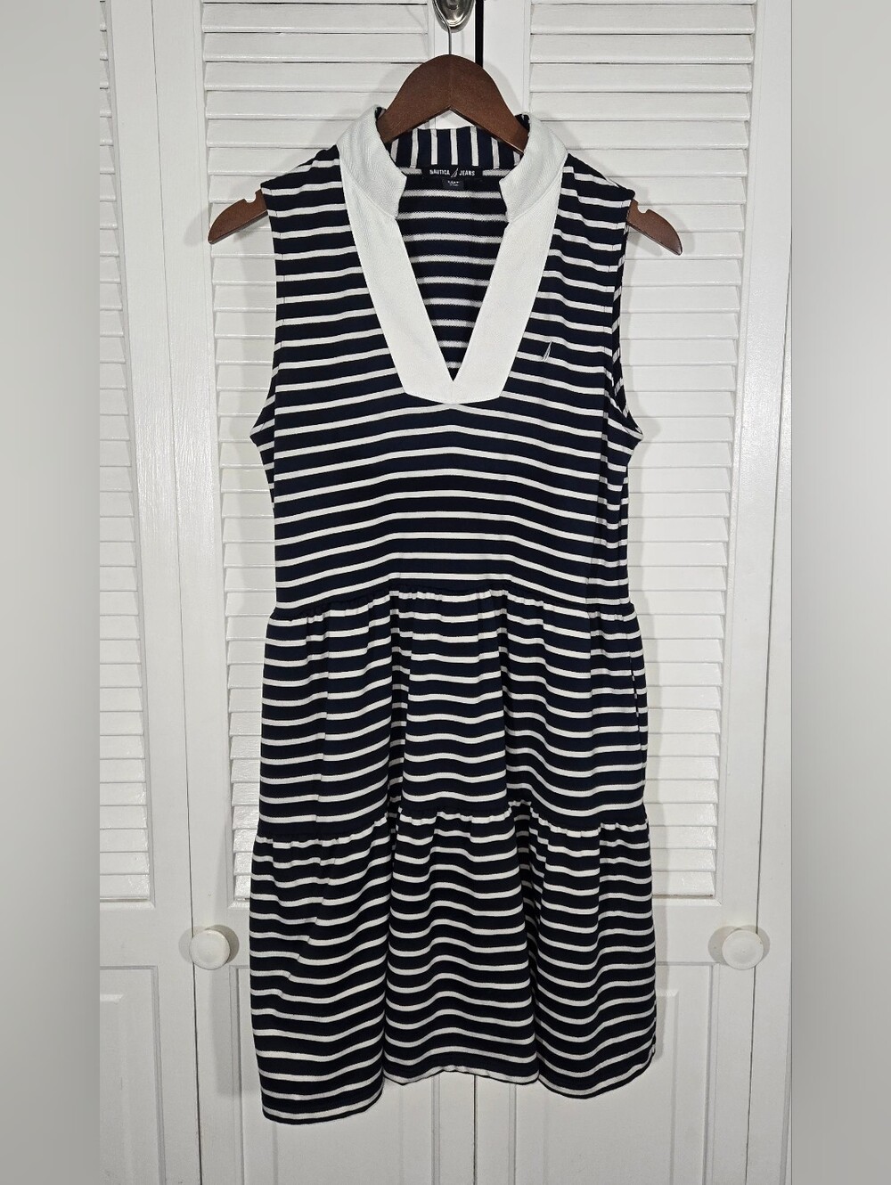 Nautica Jeans Sleeveless Tiered Ruffle Mini Navy White V Neck Nautical Dress S